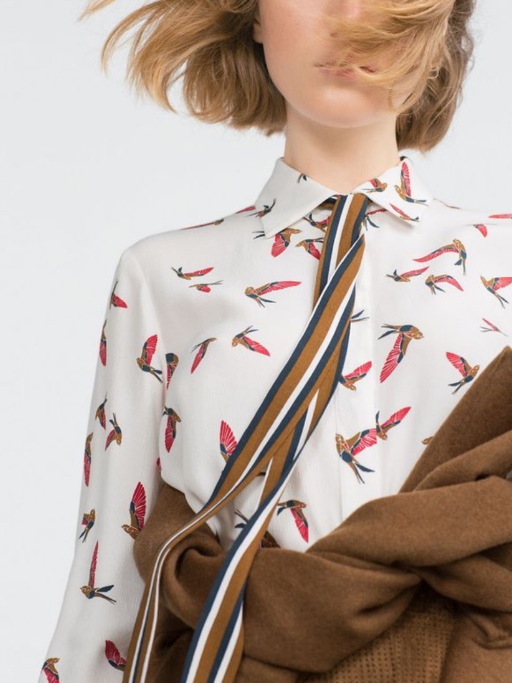 Bird Print Tie Bow Blouse